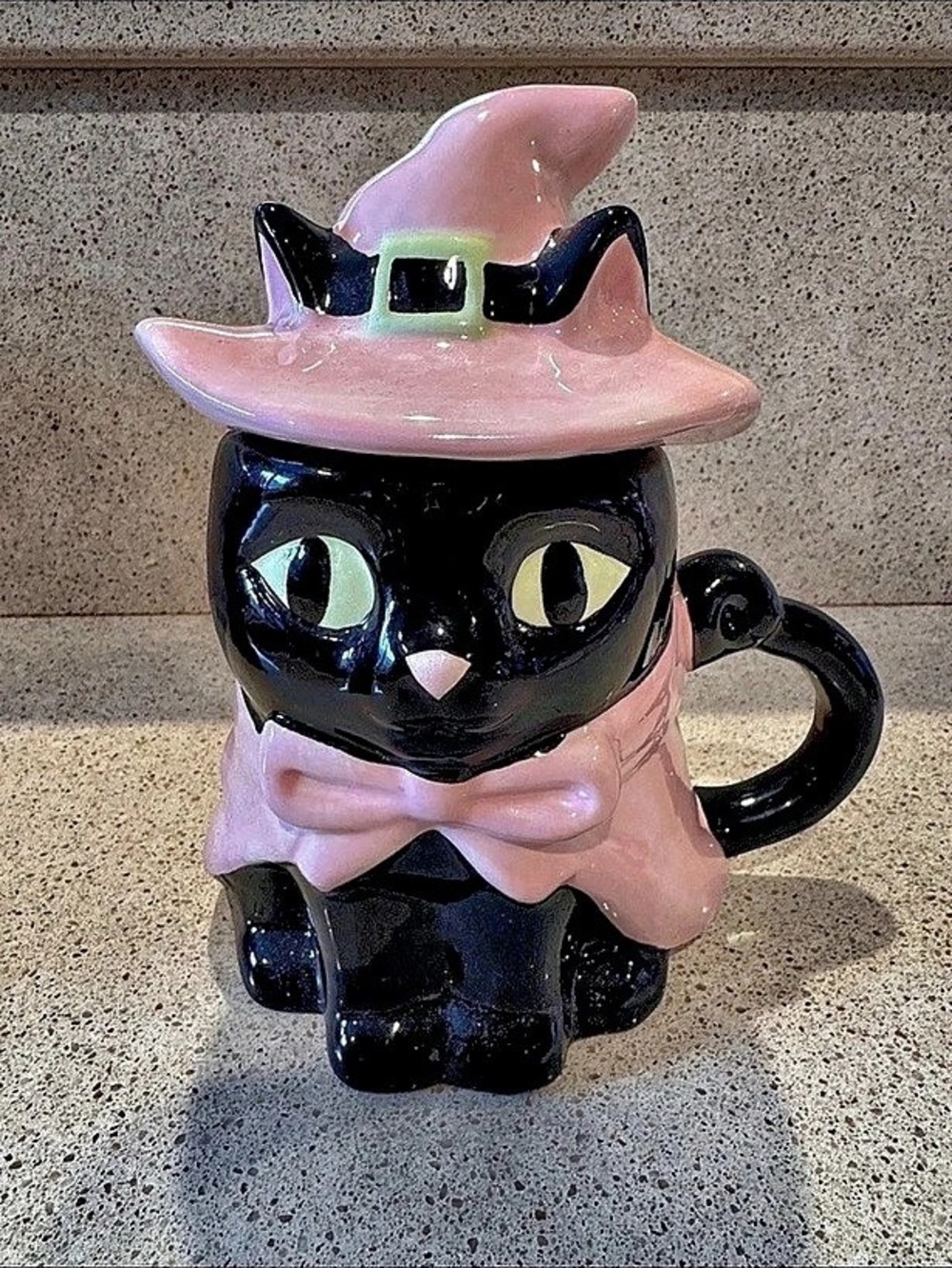 Jack O' Lantern Lane Black Cat with Pink Witch Hat Lidded Ceramic Mug Witch Hat
